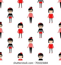 Cute school girls seamless pattern on white background. Multinational students vector illustration. Trendy design for textile, card, poster, print, decor.