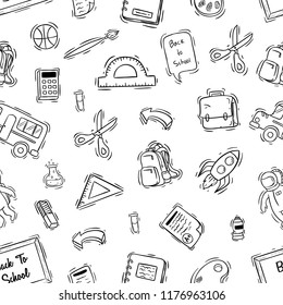 cute school icons in seamless pattern with hand drawn style