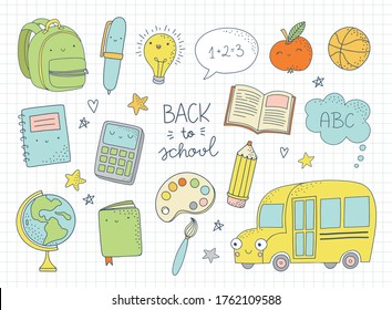 Cute school icons. Set of cartoon characters of school, education and art supplies items with happy faces. Back to School doodles.