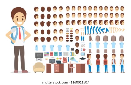 Cute school kid male character set for animation with various views, hairstyles, emotions, poses and gestures. School equipment set. Isolated vector illustration