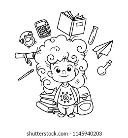 Cute school kid ready to education. Design element for print, t-shirt, poster, card, banner. Vector illustration. Coloring page