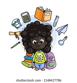 Cute school kid ready to education. Design element for print, t-shirt, poster, card, banner. Vector illustration