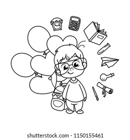 Cute school kid ready to education. Design element for print, t-shirt, poster, card, banner. Vector illustration. Coloring page