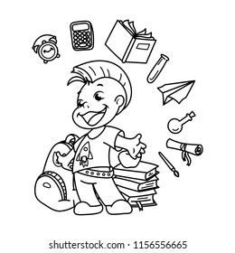 Cute school kid ready to education. Design element for print, t-shirt, poster, card, banner. Vector illustration. Coloring page
