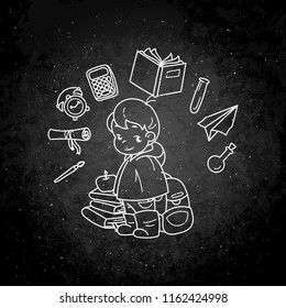 Cute school kid ready to education. Design element for print, t-shirt, poster, card, banner. Vector chalk illustration on a blackboard