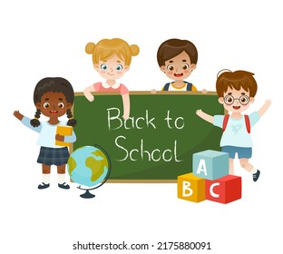 Cute school kids around chalkboard. Happy children with blackboard. Back to school banner.