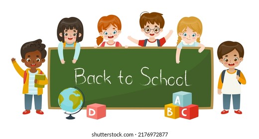 Cute school kids around chalkboard. Happy children and blackboard with inscription Back to school.