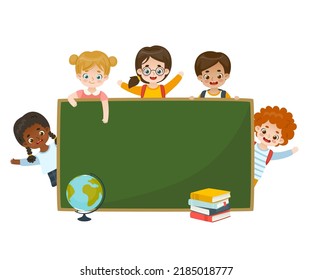 Cute School Kids Around Chalkboard Happy Stock Vector (Royalty Free ...