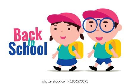 Cute school kids back to school. Boy and girl wear school uniforms and back to school happily. 