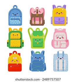 Cute school kids backpack set. Flat Vector illustrations in kawaii style