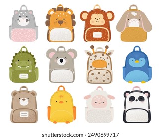 Cute school kids backpack set decorated with animals’ faces and ears. Vector illustration in cartoon flat style