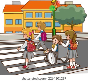 Cute School kids with backpack walking crossing road near pedestrian traffic light on zebra cross way to school