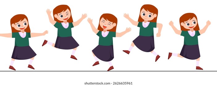 Cute School Kids Character Set. Flat Vector Illustration of Girls in Various Poses