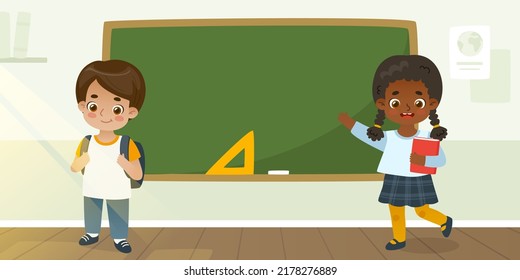 Cute School Kids In Classroom Standing In Front Of The Chalkboard. Cartoon Pupils Back To School.