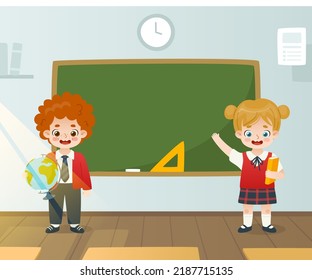 Cute school kids in classroom standing in front of the chalkboard. Cartoon pupils with blackboard on background.