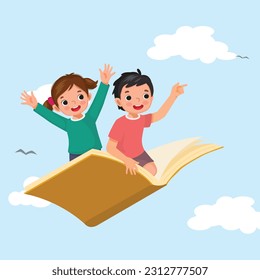 Cute school kids flying on a big open book in the blue sky