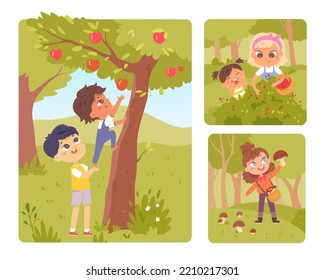 Cute School Kids Picking Forest Or Park Berries And Mushrooms, Apples In Garden Set Vector Illustration. Cartoon Boys And Girls Characters Harvest Fruit, Eating Ripe Raspberry, Holding Basket