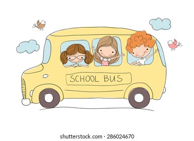 Cute school kids riding a school bus