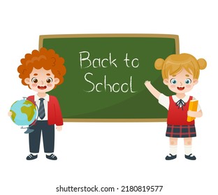 Cute school kids standing in front of the chalkboard. Cartoon pupils in uniform back to school.