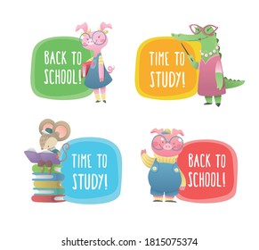 Etiqueta escolar con animales. De vuelta a la escuela y tiempo para aprender con los escolares y los profesores. Ilustración vectorial en estilo de caricatura