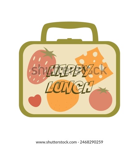 Cute school lunch box with cheese, strawberry, tomato and orange. Isolated vector illustration for your design