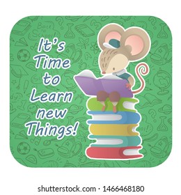 Cute school mouse with books. Vector illustration.