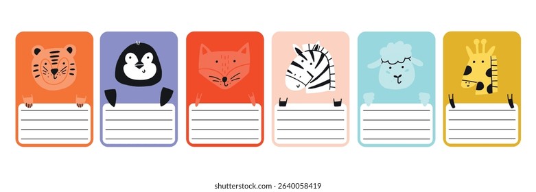 Cute school name tag animals flat. Animal character label card frame collection. Cartoon vector illustration