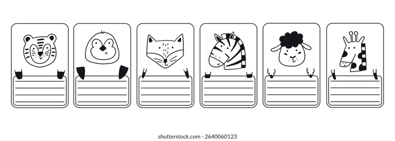 Cute school name tag animals sketch. Animal doodle character label card frame collection. Hand drawn vector illustration
