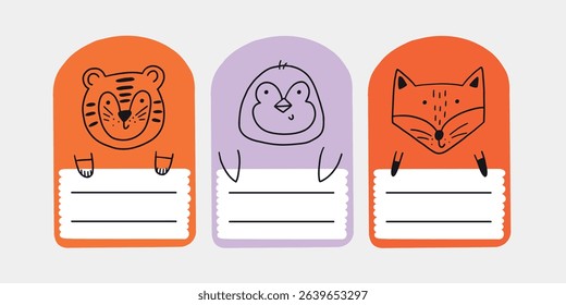 Cute school name tag funky animals. Animal character label card frame collection. Cartoon vector illustration