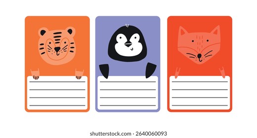 Cute school name tag funky animals flat. Animal character label card frame collection. Cartoon vector illustration