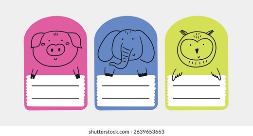 Cute school name tag funny animals. Animal character label card frame collection. Cartoon vector illustration