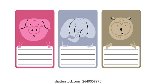 Cute school name tag funny animals flat. Animal character label card frame collection. Cartoon vector illustration