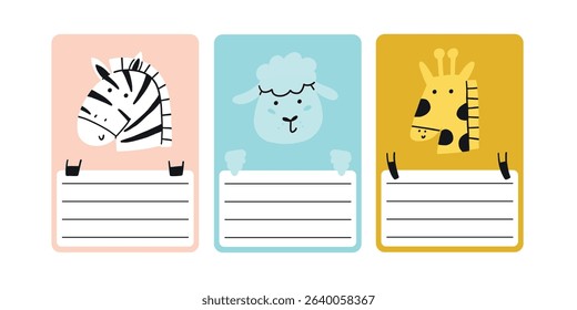 Cute school name tag kids animals flat. Animal character label card frame collection. Cartoon vector illustration