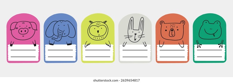 Cute school name tag sticker with animals. Animal character label card frame collection. Cartoon vector illustration