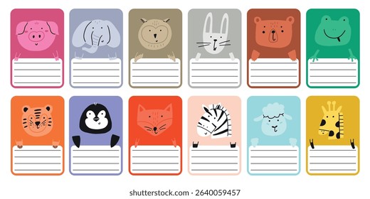 Cute school name tag sticker with animals flat set. Animal character label card frame collection. Cartoon vector illustration
