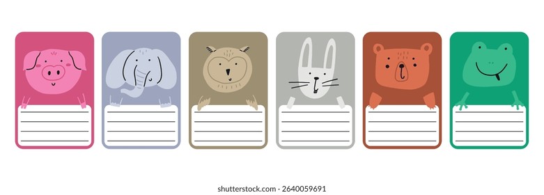 Cute school name tag sticker with animals flat. Animal character label card frame collection. Cartoon vector illustration