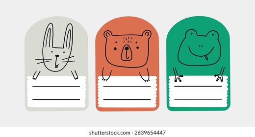 Cute school name tag trendy animals. Animal character label card frame collection. Cartoon vector illustration