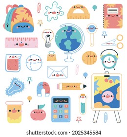 Cute school object design with colorful funny cartoon characters, education theme white background.The first day at school. Various school supplies, stationery. Bright vector illustration.