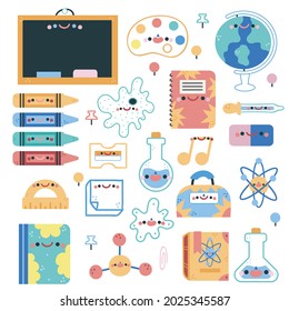 Cute school object design with colorful funny cartoon characters, education theme white background.The first day at school. Various school supplies, stationery. Bright vector illustration.