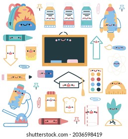 Cute school object design with colorful funny cartoon characters, education theme white background.The first day at school. Various school supplies, stationery. Bright vector illustration.