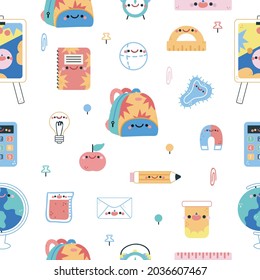 Cute school object design pattern with colorful funny cartoon characters, education theme white background.The first day at school. Various school supplies, stationery. Bright vector illustration.