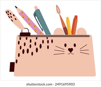 Cute school pencil case filled with stationery pencils, brushes. Illustration of school supplies. Suitable for stickers and poster design, banners.