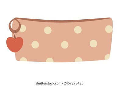 Cute school pencil case with polka dots. Girly cosmetic bag with a heart keychain. Isolated vector illustration for your design