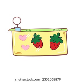 Cute school pencil case with strawberries. Hand drawn stationery supplies doodle. Vector design illustration isolated on white background.