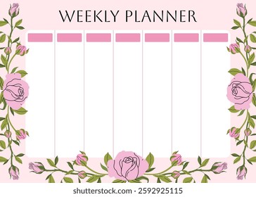 Cute school planner is for 7 days. Weekly planner with trendy floral pattern. garden pink roses, spring flowers and leaves background for notes. Kids schedule design template. Vector flat illustration