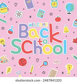 Cute school poster with colourful icons. Back to school design. Vector illustration