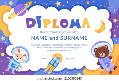 Cute school or preschool diploma certificate for kids with rabbit and bear astronauts in open space with stars, planets and rocket. Vector cartoon illustration