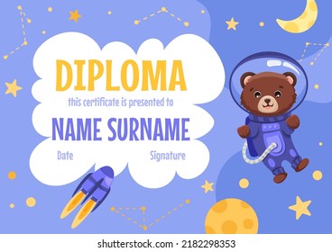 Cute school or preschool diploma certificate for kids with bear astronaut in open space with stars, planets and rocket. Vector cartoon illustration