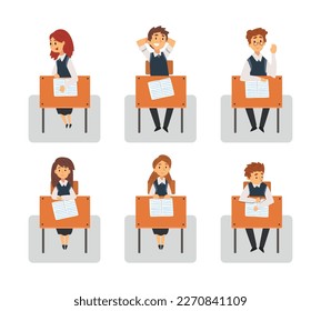 Cute school pupils sitting at desks at lesson. Front view of students in uniform writing in copy book, reading and listening cartoon vector illustration