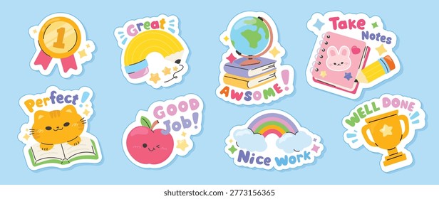 Cute school reward sticker set vector. Colorful teacher praise labels with medal, trophy, globe, books, notebook, pencil, apple, cat, rainbow for classroom.